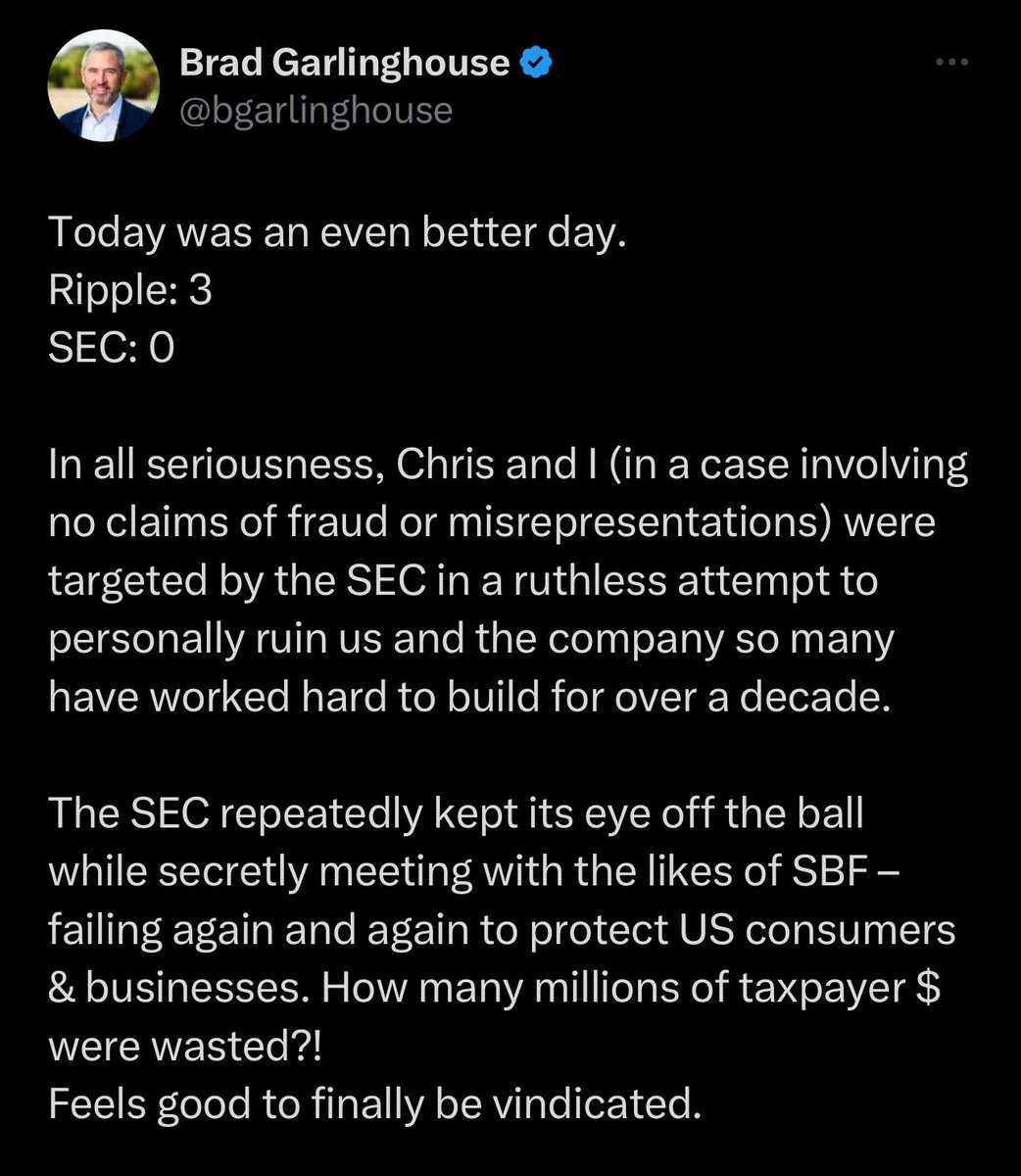 WatcherGuru's tweet photo. JUST IN: Ripple XRP CEO Brad Garlinghouse releases statement following SEC dropping lawsuit against him. https://t.co/5dHlERyCZf