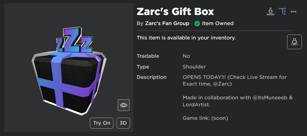 Zarcyn1's tweet photo. My Roblox gift box Opens in 45 minutes/ 6:15 EST! Stream link: https://t.co/1TKsThFgKx

If this tweet gets 100 Likes before the gift opens I will make it a lot cheaper before it releases for anyone who hasnt gotten it! https://t.co/ZR8P8jB3fU https://t.co/py5NUrwr0J