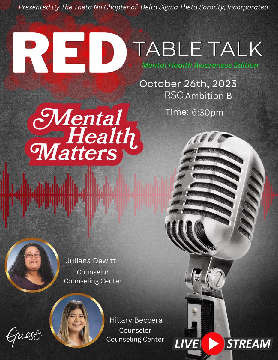 RED Table Talk is back in full force 🔺

In this setting we are unpacking mental health concerns that we may all face in our lives, with guests from our fantastic and exceptional counseling center here at TAMUC.

We hope to see you there ❤️ <a href="/fslattamuc/">FSL at TAMUC</a> #TAMUC