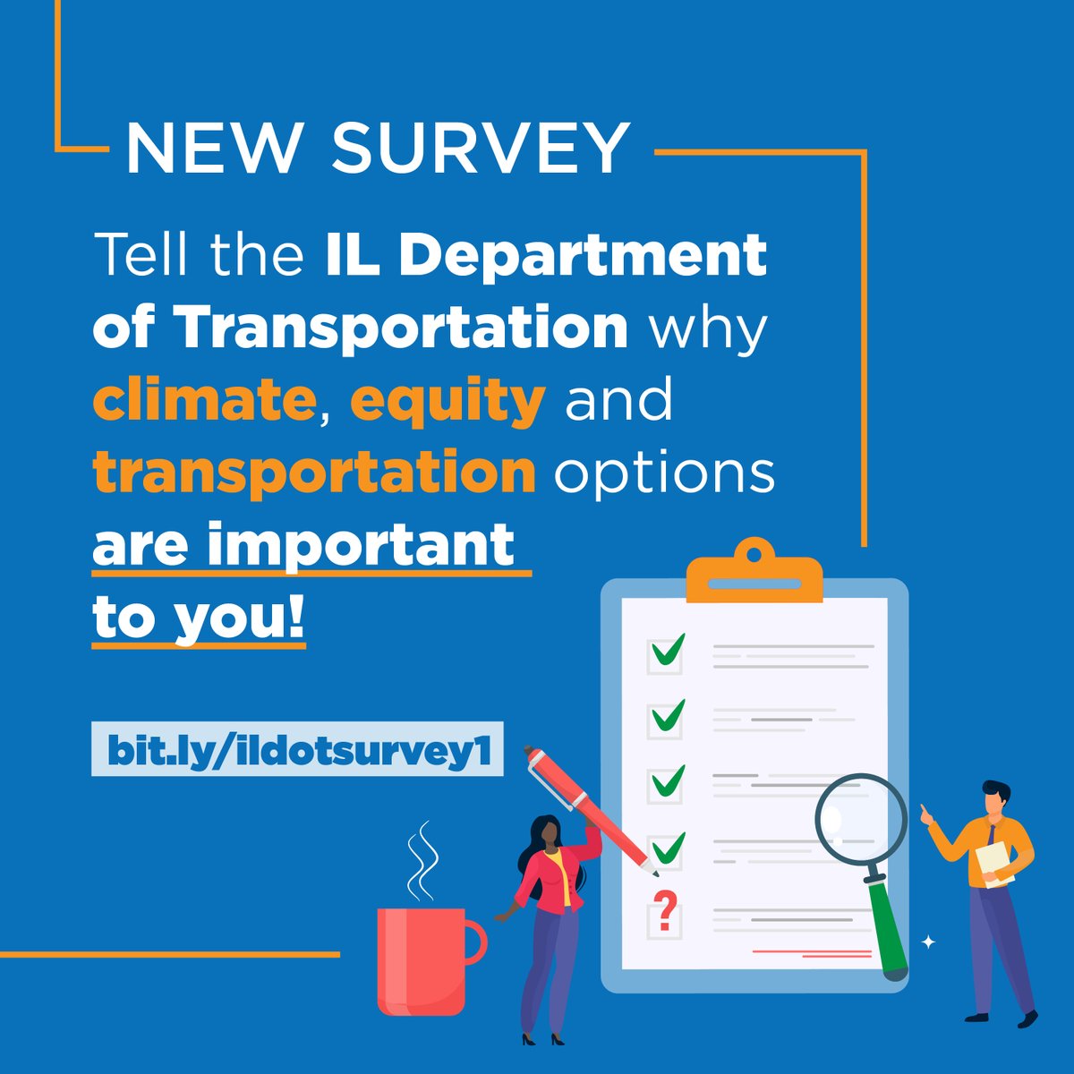 Let IDOT know you care about clean, equitable transportation! The IL Department of Transportation wants your feedback! Take two minutes to share your transit experiences, challenges, and insights to help inform their Long-Range Transportation Plan. bit.ly/ildotsurvey1