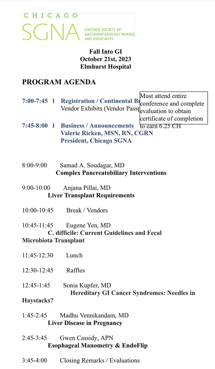 To any interested Chicago based GI nurses, please join us at the Chicago (SGNA) Conference this Saturday 10/21. I’ve included the itinerary and registration link!

eventbrite.com/e/chicago-sgna…