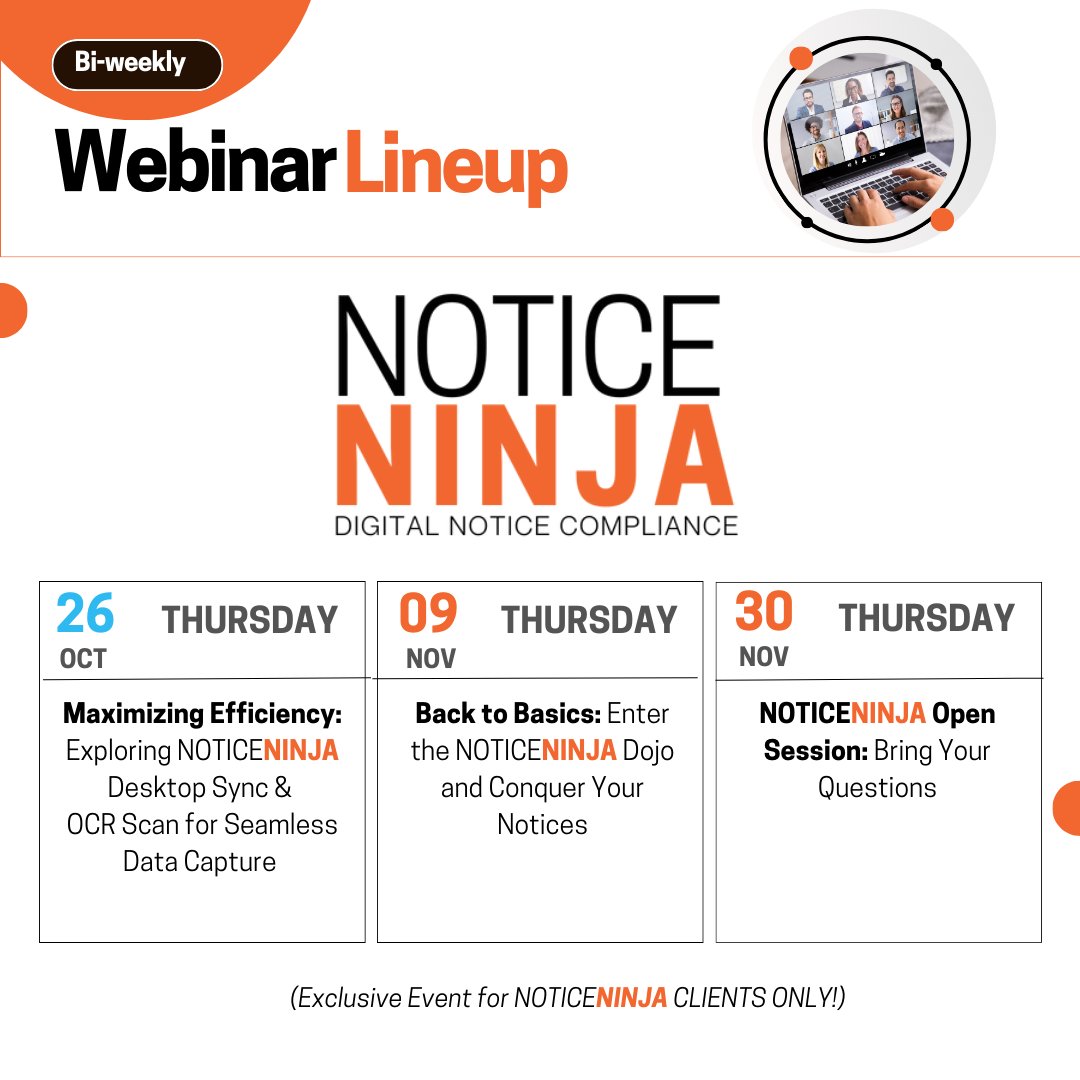 NoticeNinjaInc's tweet image. 🗓️ Exciting Webinars Ahead! Check Out Our Exclusive Biweekly Lineup for NOTICENINJA CLIENTS ONLY! 🔒✉️ Keep an eye on your inbox for registration details!

#Webinar #ClientTraining #NoticeNinja #TaxNotices #NoticeManagement #ExclusiveEvent #OnlineEvent #RegisterNow
