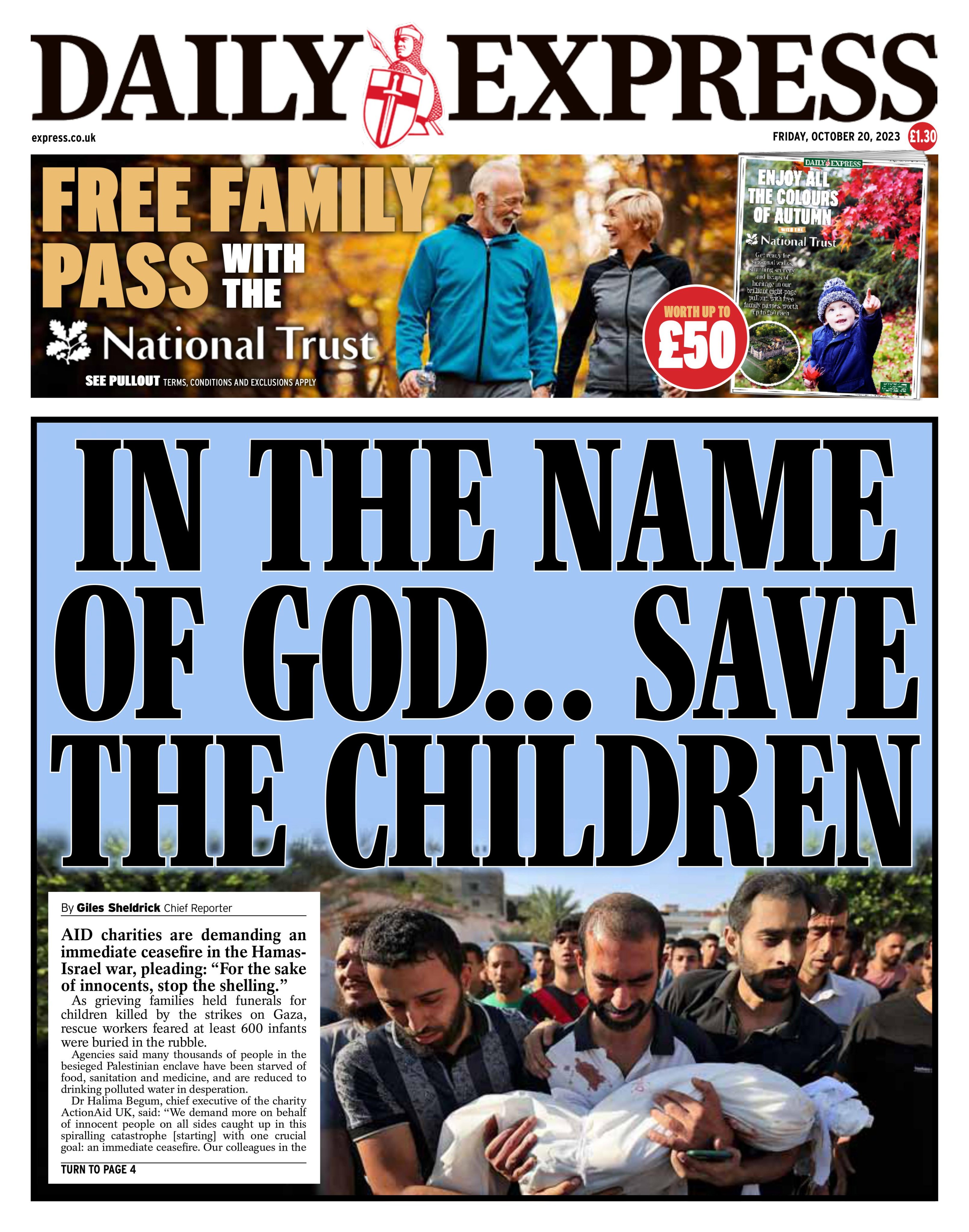 Front page: In the name of God... save the children #tomorrowspapertoday