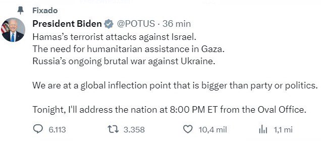 🚨 URGENTE: Presidente Biden acaba de anunciar que fará "pronunciamento à nação" hoje, às 21h (horário de Brasília), diante dos eventos geopolíticos recentes.

Classificou o momento atual como um "ponto de inflexão global".

Um navio de guerra americano interceptou hoje diversos