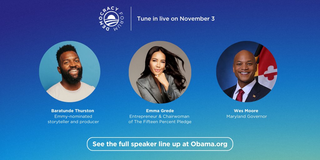 📣 Special announcements: Emmy-nominated storyteller @Baratunde will host the 2023 #DemocracyForum! Also taking the stage: ⭐Maryland Governor @iamwesmoore ⭐Entrepreneur and Chairwoman of The Fifteen Percent Pledge, @EmmaGrede Learn more about the topics they'll cover:…