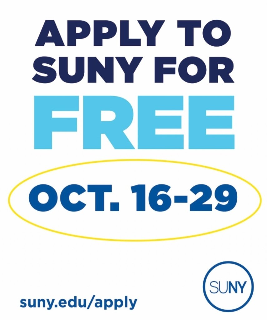 Attention parents of Senior Cadets! SUNY will be offering free SUNY application weeks from October 16 – October 29. Students can apply to up to 5 SUNY schools with no application fee Apply to a SUNY institution today!