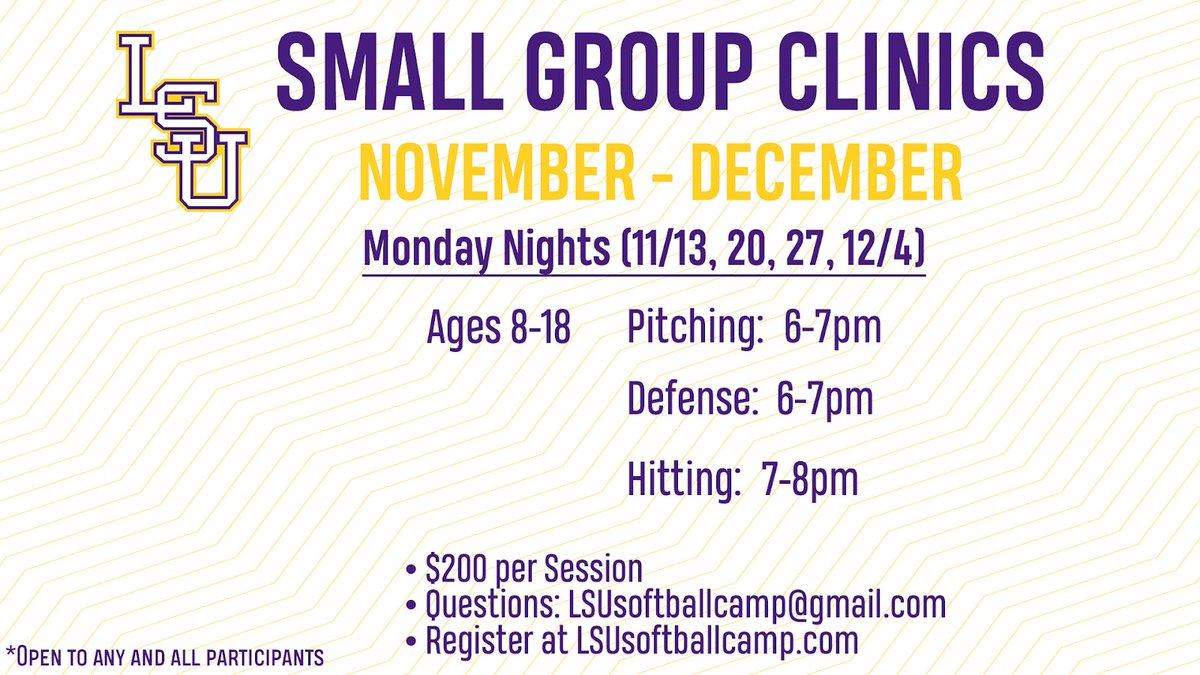 🚨🚨Last small group clinic for 2023! Come spend your Monday nights with us and work on pitching, defense, and/or hitting! Head over to lsusoftballcamp.com/2023fallsmallg… to claim your spot today! 💜💛 #GeauxTigers