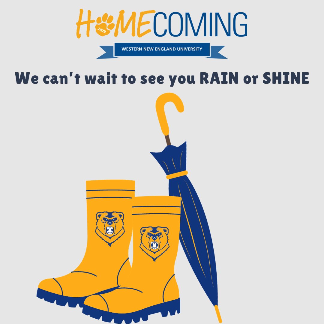 WNEalumni's tweet photo. Don't let the weather dampen your Golden Bear Spirit! Homecoming will be happening RAIN or SHINE this weekend and we can't wait to see you! Visit https://t.co/uDzkbweJUa to register and to see updates to the schedule. #wnealumni #wnehomecoming https://t.co/oGJPwTZIpA