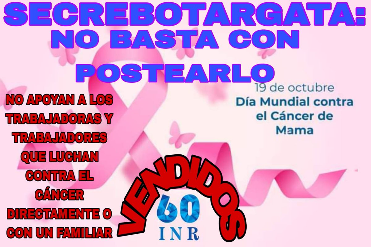 En el INR la farsante de la secretaria general del sindicato Jaqueline Galindo Medina no apoya a los trabajadores que padecen cáncer o tienen familiares con ese padecimiento, al contrario los afecta <a href="/SntsaMX/">SNTSA</a> <a href="/SSalud_mx/">SALUD México</a> <a href="/CNDH/">CNDH en México</a> <a href="/Mx_Diputados/">H. Cámara de Diputados</a> <a href="/El_Universal_Mx/">El Universal</a> <a href="/lajornadaonline/">La Jornada</a>