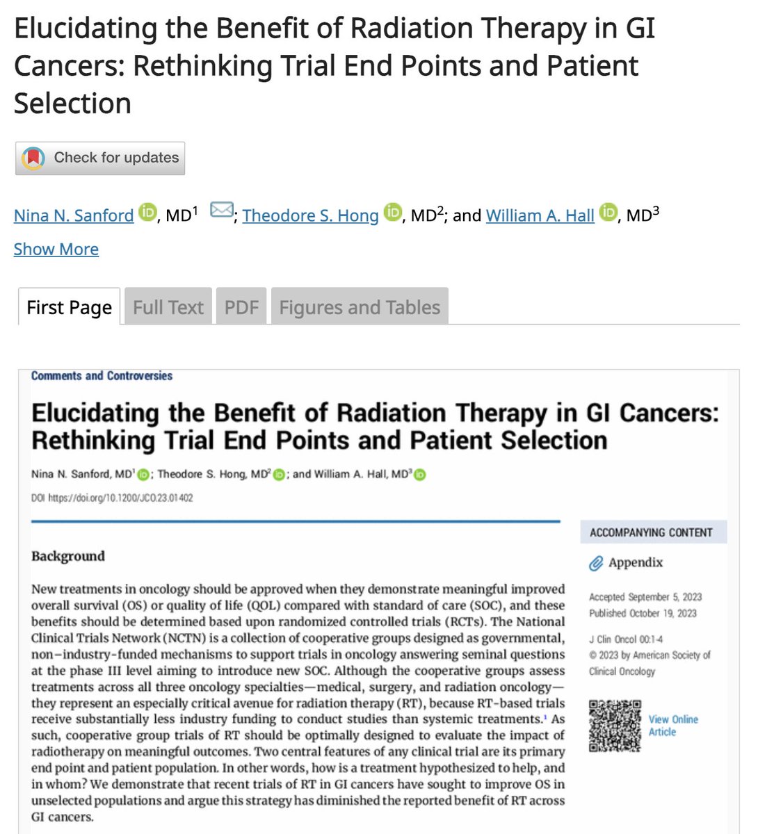 Dr. Nina Niu Sanford (@niusanford) on Twitter photo Out now in <a href="/JCO_ASCO/">Journal of Clinical Oncology</a>!
Our work on clinical trial endpoints & inclusion criteria in GI oncology trials, and how we can better leverage RCTs to demonstrate the value of RT going forward.
With <a href="/whallradonc/">William A Hall, MD</a> and <a href="/TedHong9/">Ted Hong</a>.
Brief thread below.
ascopubs.org/doi/abs/10.120… Out now in <a href="/JCO_ASCO/">Journal of Clinical Oncology</a>!
Our work on clinical trial endpoints & inclusion criteria in GI oncology trials, and how we can better leverage RCTs to demonstrate the value of RT going forward.
With <a href="/whallradonc/">William A Hall, MD</a> and <a href="/TedHong9/">Ted Hong</a>.
Brief thread below.
ascopubs.org/doi/abs/10.120…