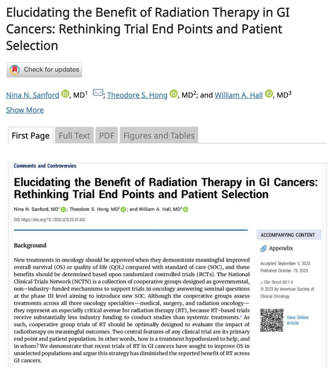 Out now in @JCO_ASCO! Our work on clinical trial endpoints & inclusion criteria in GI oncology trials, and how we can better leverage RCTs to demonstrate the value of RT going forward. With @whallradonc and @TedHong9. Brief thread below. ascopubs.org/doi/abs/10.120…