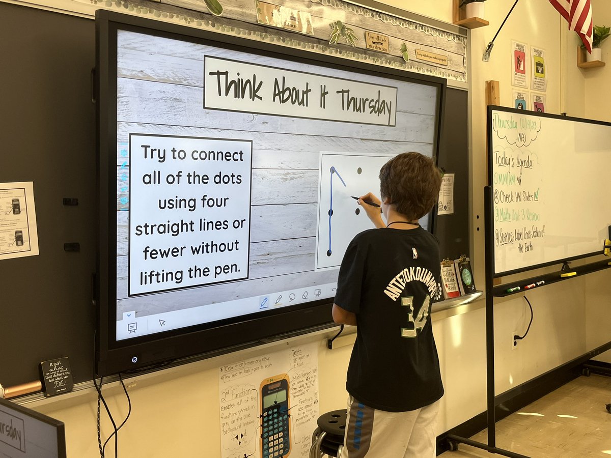 Mrs_Lein's tweet photo. Can you solve the 9 dot puzzle? 🧐 We explored a few solutions and reflected on the approach we each took to try and solve this puzzle. @EWSDMath @WilletsRoadMS @MissCSloane @MrKanuika #ewlearns #ThinkOutsidetheBoxThursday https://t.co/ryx2luVVON
