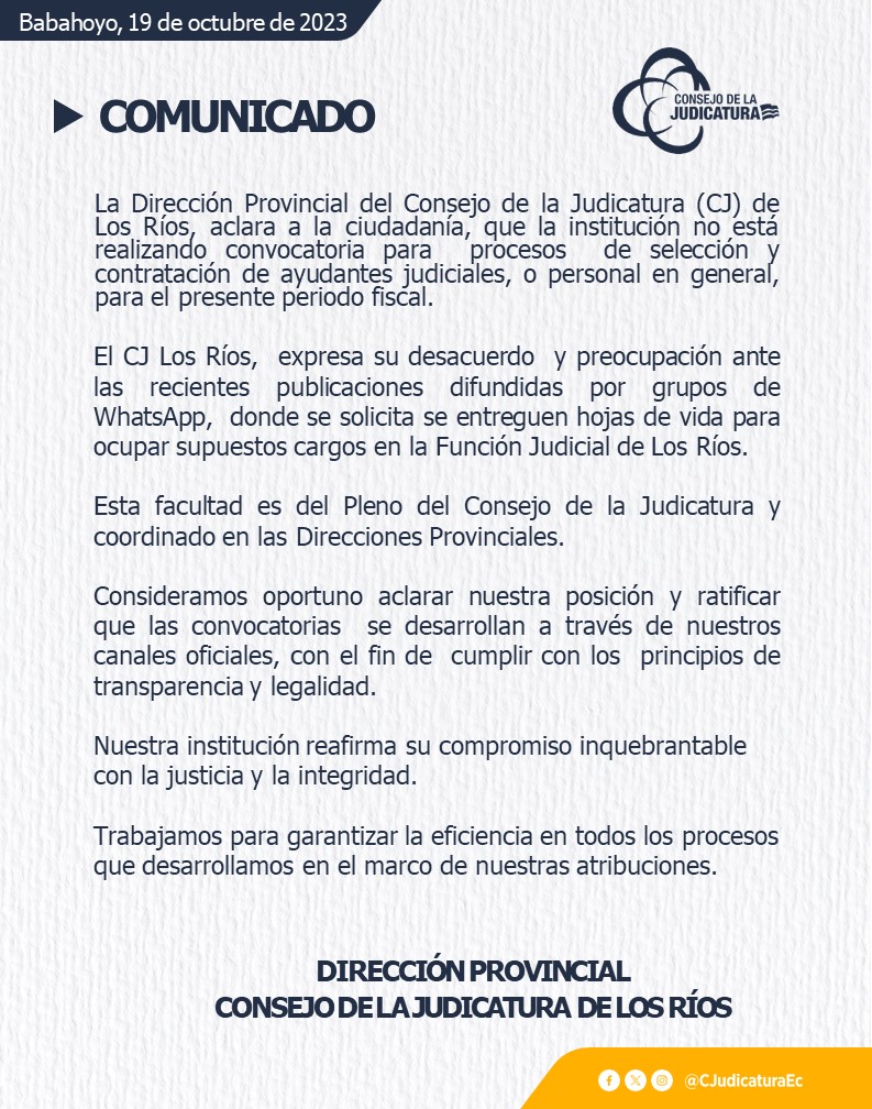 📌COMUNICADO | La Dirección Provincial del <a href="/CJLosRios/">CJLosRios</a>  aclara a la ciudadanía, que la institución no está realizando convocatoria para procesos de selección y contratación de personal. 

Más Inf. ⤵️