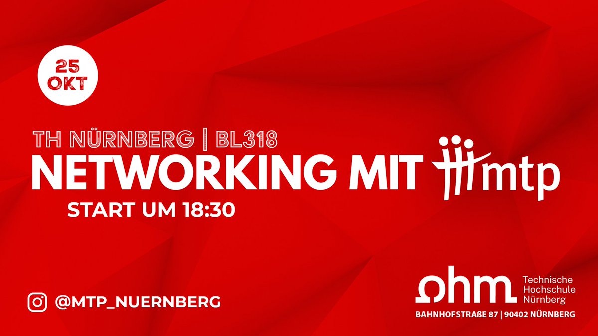<a href="/MTPnet/">MTP e.V.</a> veranstaltet am 25. Oktober um 18:30 an der <a href="/TH_Nuernberg/">TH Nürnberg</a> einen Networking Abend in BL.318!

Mehr Informationen in unserem Eventkalender:
fachschaftbw-ohm.de/event/mtp-nuer…

#Nürnberg #Ohm #Networking #MTP