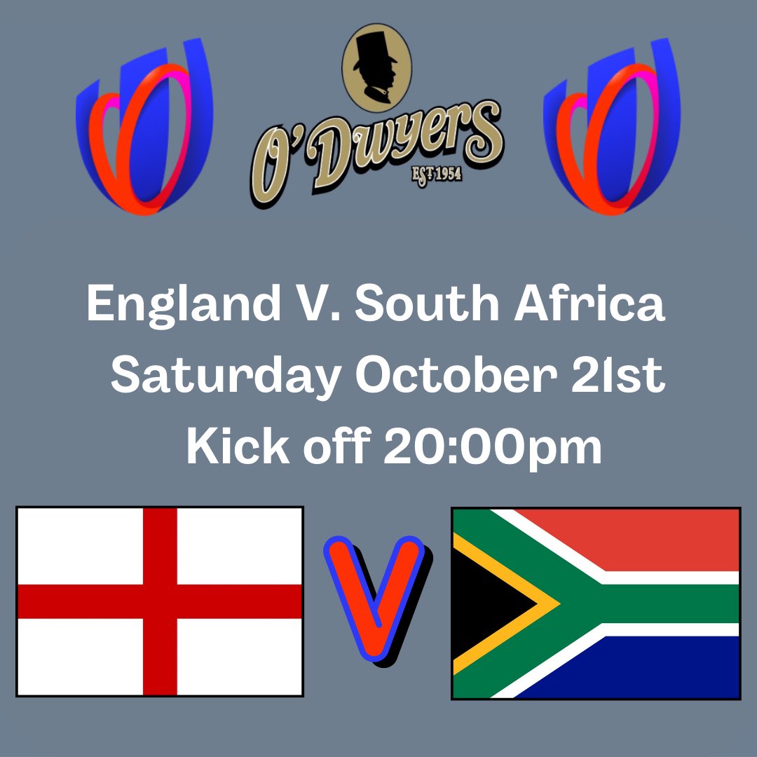 🏉 Don’t miss the quarter Finals of the Rugby World Cup this weekend at O’Dwyers! 🏉 Friday 🏉 New Zealand 🇳🇿 V. Argentina 🇦🇷 - 8pm Saturday 🏉 England 🏴󠁧󠁢󠁥󠁮󠁧󠁿 V. South Africa 🇿🇦 - 8pm Don’t miss the action! 🏉 Catch all Rugby World Cup fixtures live at O’Dwyers Kilmacud! 😃 #rwc