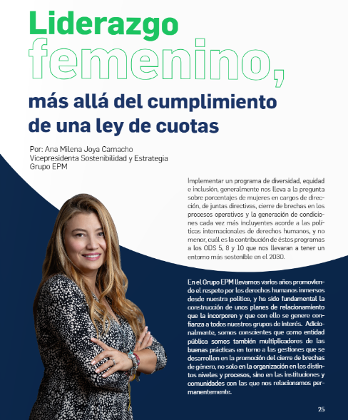 EPMestamosahi's tweet photo. Te invitamos a leer el #ArtículoEPM: "Liderazgo femenino, más allá del cumplimiento de una ley de cuotas", escrito por nuestra vicepresidenta de Sostenibilidad y Estrategia, Ana Milena Joya Camacho, en el segundo informe de la publicación "Colombia Empresarial Inclusiva", de @pactocolombia. 

Encuéntralo aquí👉https://t.co/PfD9BCGLtG
