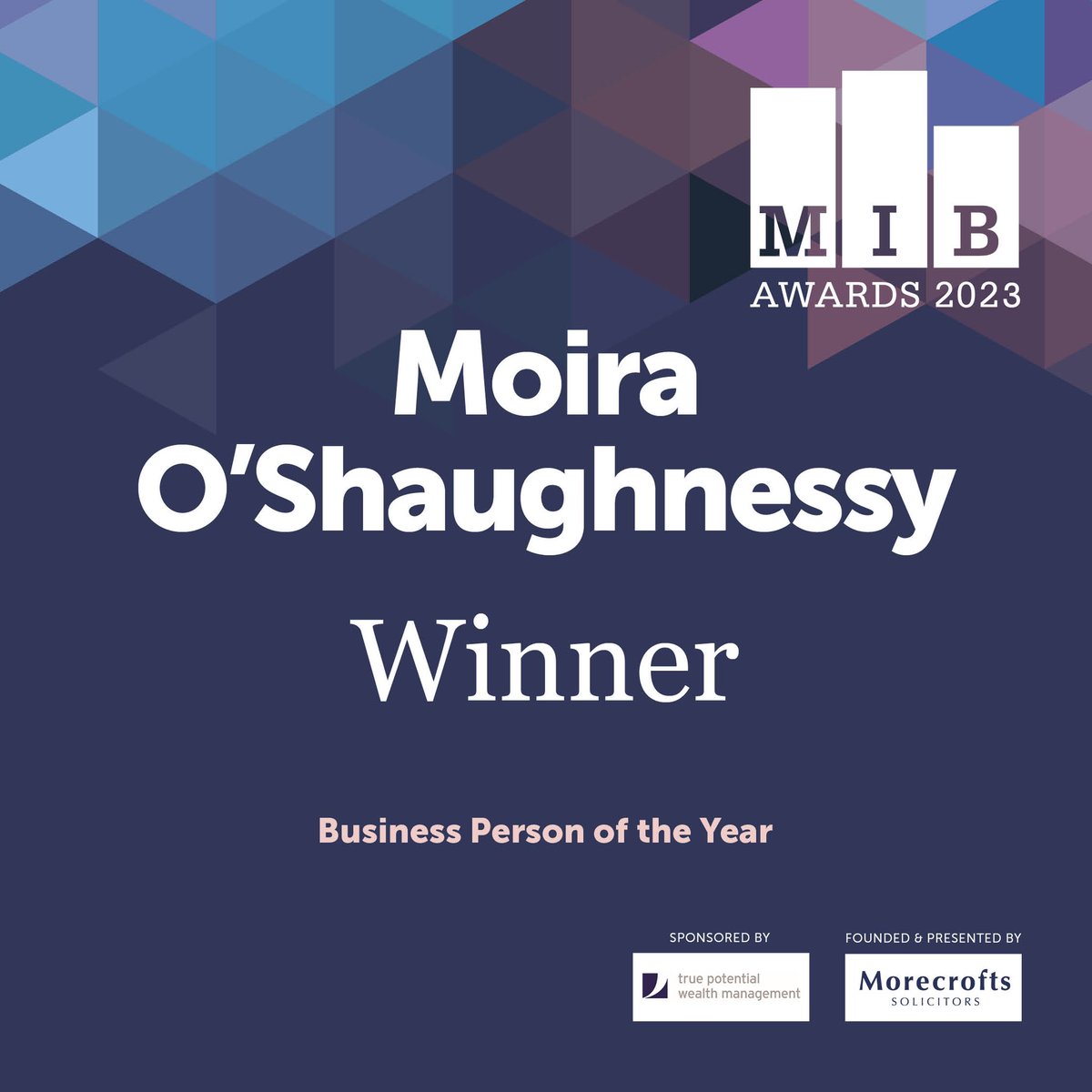 The highly coveted title of Business Person of the Year 2023 goes to Moira O'Shaughnessy from the @FPC_Finplan.  A great win for Moira and the business, which is celebrating its 40th year!   #MIB23 #MIBWinners