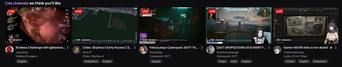 Laskowski015's tweet photo. @JesseCox Think you've infected my twitch recommended. Wasn't expecting goth girl streamers, and Felicia Day in the same pane. https://t.co/9CtMJepGmj
