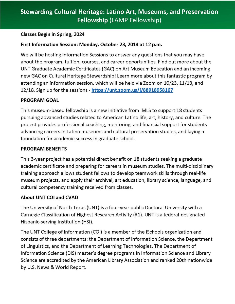 yunfei_du's tweet photo. We are very excited to announce the first information session next Monday, October 23rd for the Stewarding Cultural Heritage: Latino Art, Museums, &amp; Preservation Fellowship (LAMP Fellowship) project, funded by IMLS. Sign up for the sessions -https://t.co/NSTJGQ3Xqj https://t.co/SICVoqVQiI