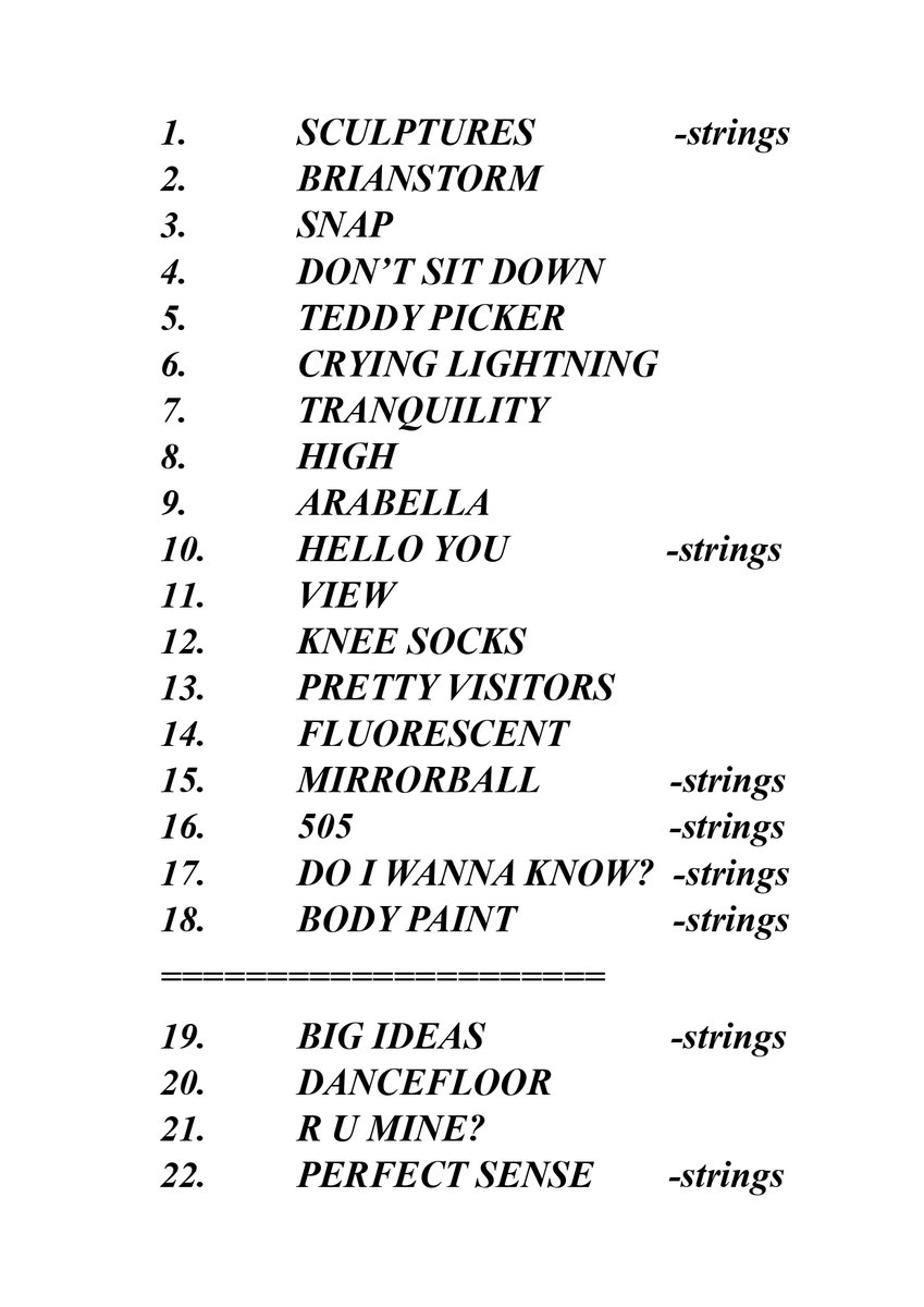 acervoarctic's tweet photo. Essa foi a setlist do último show da turnê do Arctic Monkeys :(

A banda tocou 22 músicas, uma orquestra participou dos últimos 4 shows e a banda tocou "505" com Miles Kane.

A banda encerrou a turnê com Perfect Sense, música que encerra o álbum "The Car" 😭 https://t.co/4G26ozyEZF