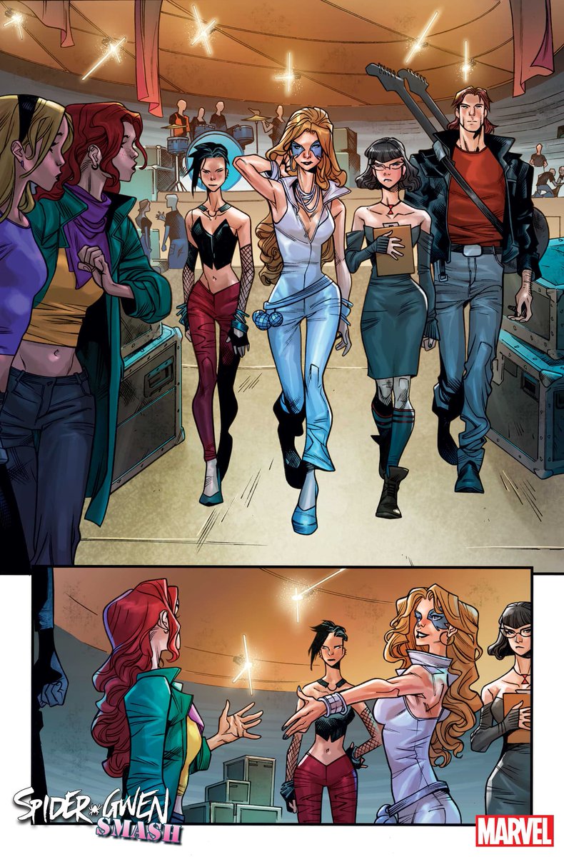 Gwen's band runs into Dazzler, Lila Cheney, and Rick Jones in a special first look at 'Spider-Gwen: Smash' #1, on sale December 14! Read more now: bit.ly/3MwghLp