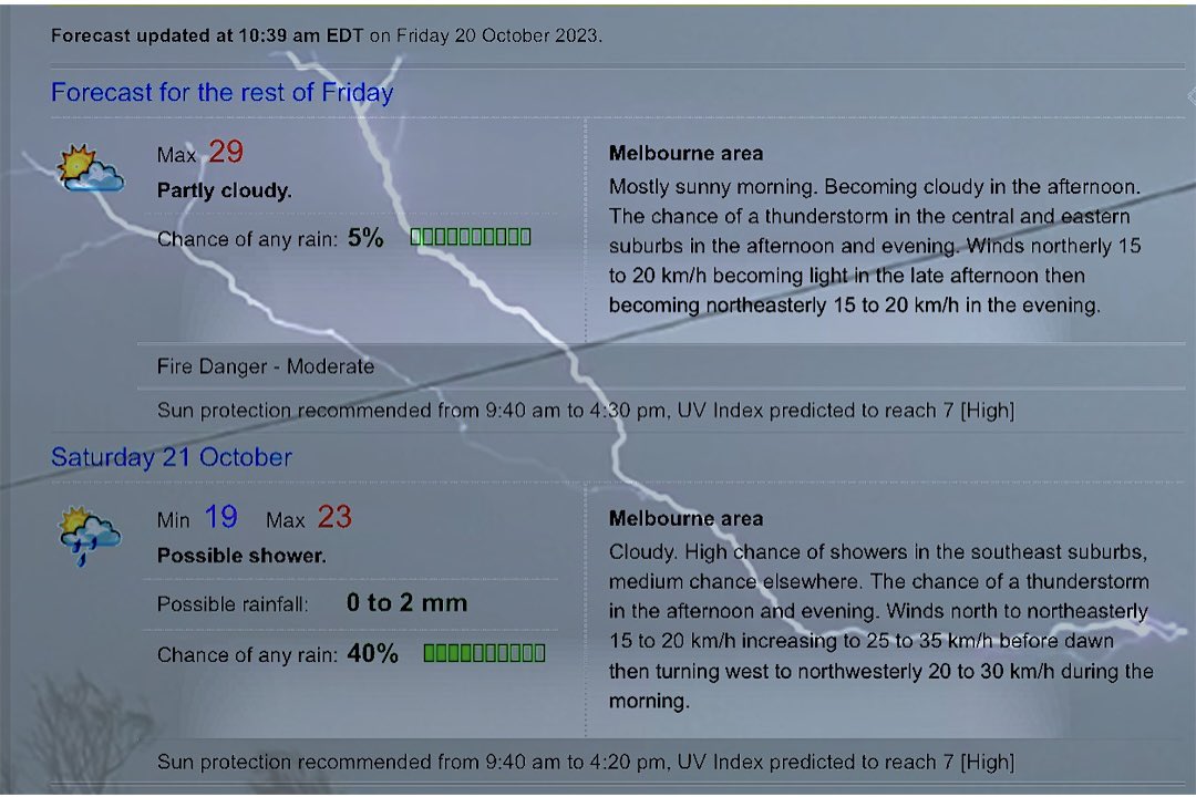Johnted_113's tweet image. JUST IN: @BOM_Vic revised forecast for the chance of a dry thunderstorm to now possibly occur in Central &amp;amp; Eastern suburbs of Melbourne later Today. Stay tuned for more updates to come later.
•
@VicStormChasers @The_FishmanAU #Melbourneweather #Melbweather #VicWeather #Melbourne