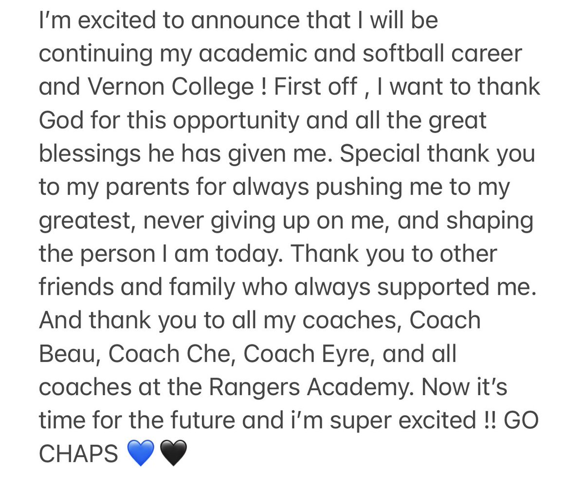 giovanca_frias's tweet photo. I am super excited to announce that I have committed to Vernon College !! 

GO CHAPS💙🖤!
 @RangersYA @Nimitz_Softball @vernoncollegesb https://t.co/2mnfA9ea0D