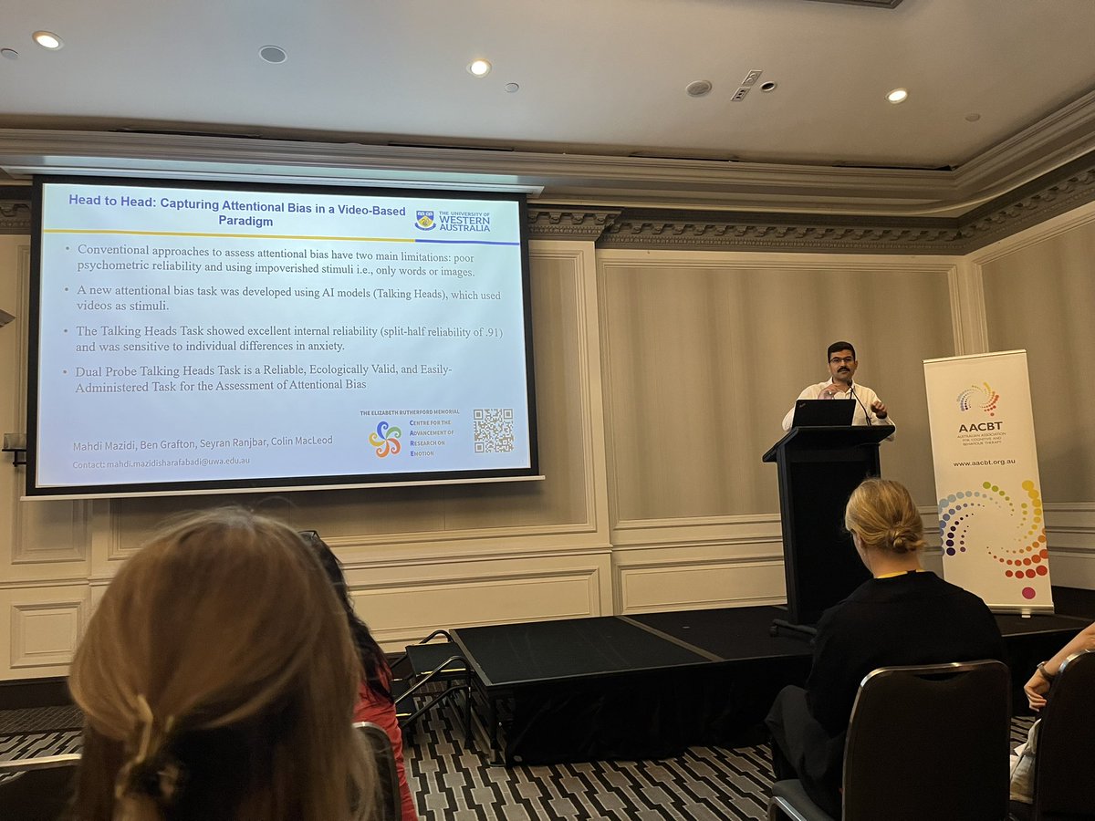 Final talk in this session is from <a href="/MahdiMazidi/">Mahdi Mazidi</a> from <a href="/UWA_CARE/">UWA CARE</a> using video paradigms to capture attentional bias #aacbt23