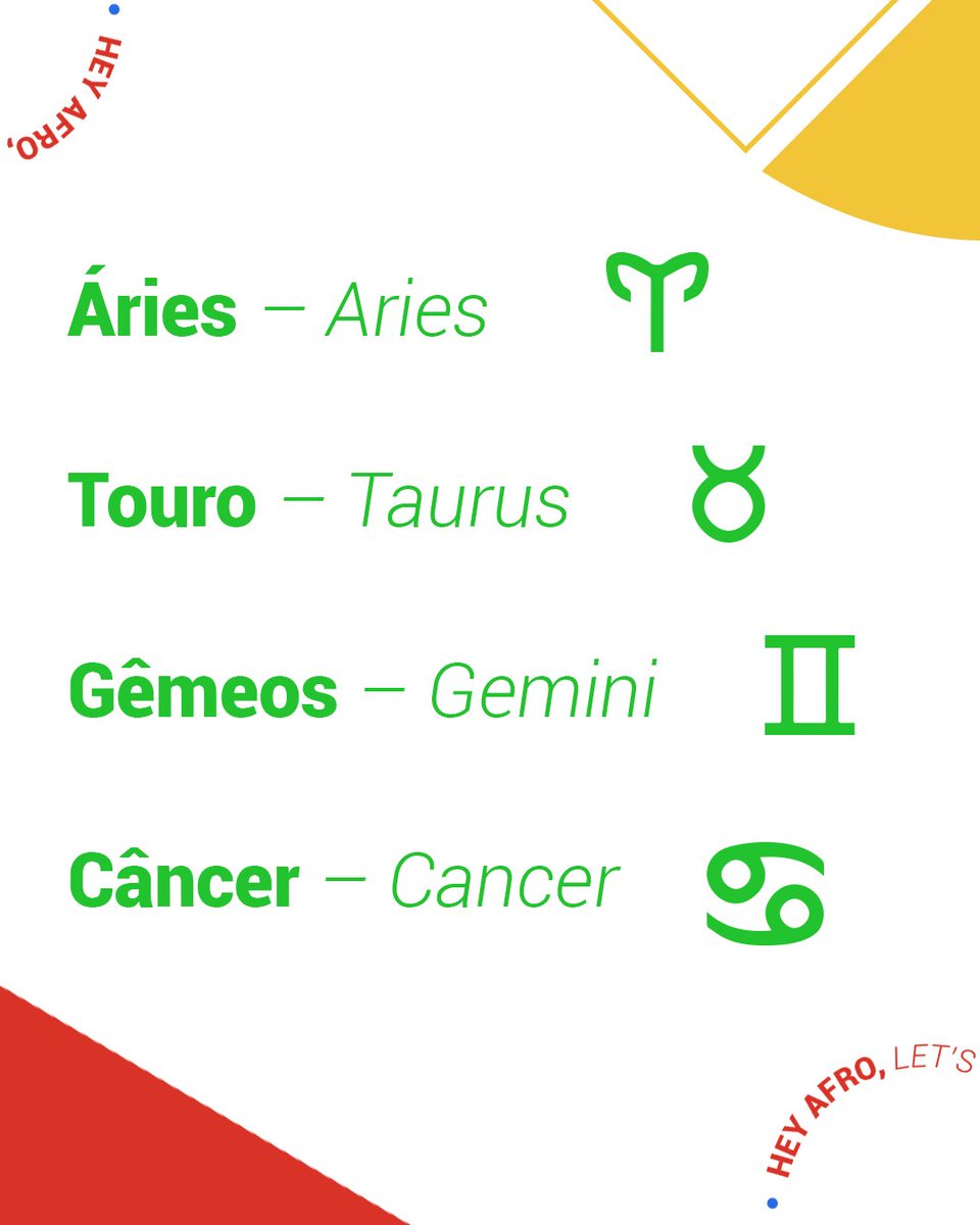 AfroDspConnect's tweet photo. Você é o tipo de pessoa que acompanha as previsões de signo diariamente ou não se liga muito nessas coisas? Independente da resposta você deve saber pelo menos qual o seu signo solar. Mas em inglês você sabe como falar o seu Zodiac Sign? 🧶 https://t.co/h55PMEcRI5