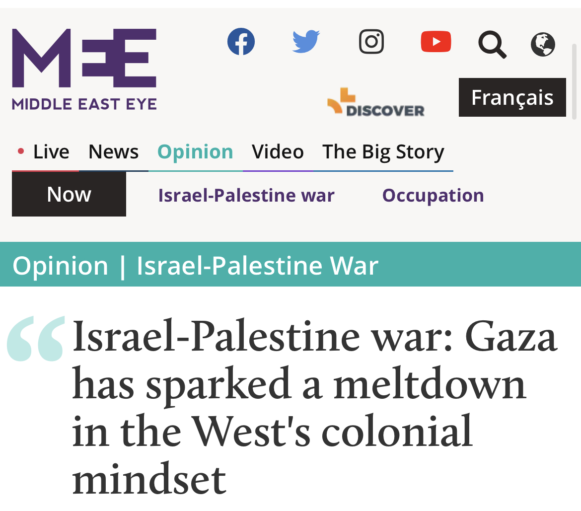 ArmchairAn4lyst's tweet image. (1/7) Powerful article from Emile Badarin @MiddleEastEye. Emile takes the current crisis in Gaza and critically examines the Western world’s reaction. He argues that this event has triggered a “meltdown” in the prevailing Western “colonial mindset”