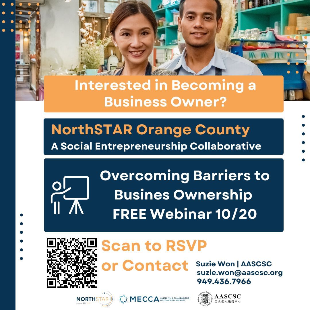 Join our upcoming webinar on 'Overcoming Barriers to Business Ownership' this Friday, October 20 at 12pm (PST). Learn how to overcome obstacles to starting a business. RSVP free buff.ly/3FoSqcn #ocmecca #entrepreneur #revhub #communityresources