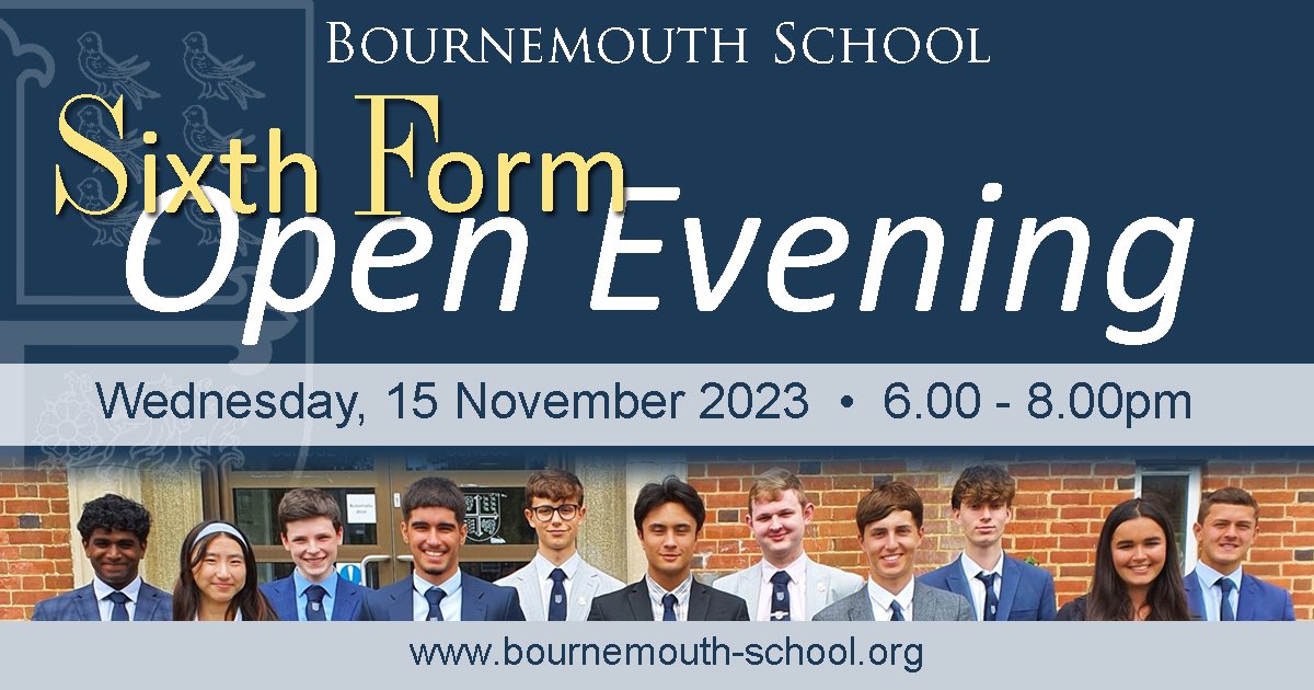 Our annual Sixth Form Open Evening is an excellent opportunity for you to see our facilities including our new, purpose-built Sixth Form study centre, meet with teachers and, most importantly, meet some of our incredible students.
 
Further information: bournemouth-school.org