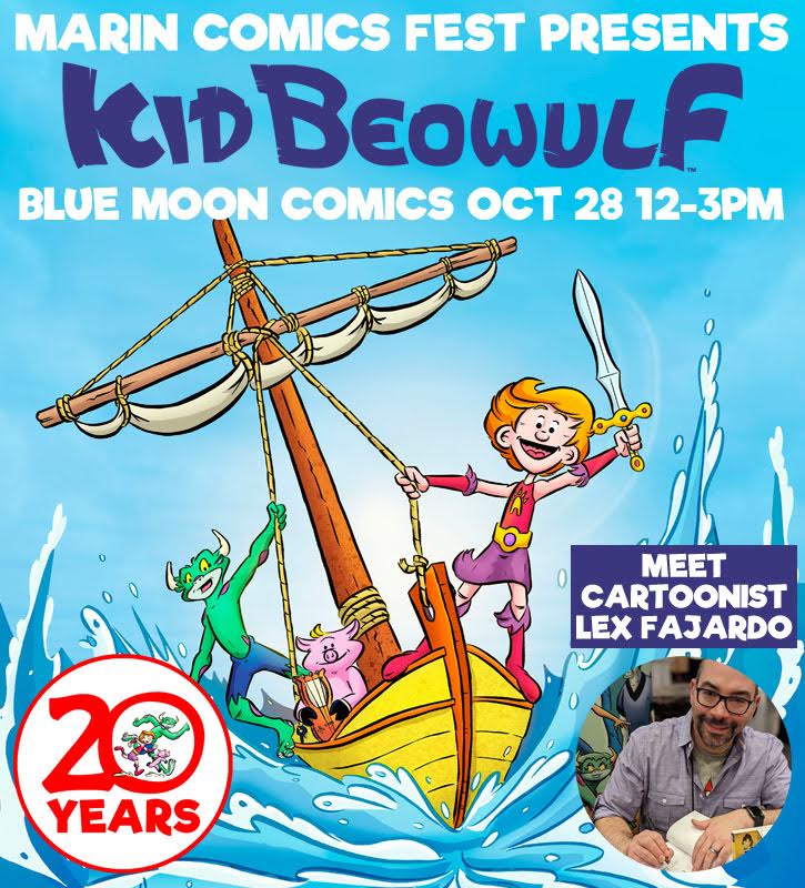 FestMarin's tweet photo. Grab your sword and join us as we celebrate 20 years of 'Kid Beowulf' with creator @LexFajardoArt! This graphic novel series blends epic poetry, classical literature, and roving adventure. The fun happens Sat., Oct. 28, noon to 3pm at Blue Moon Comics (1545 4th St., San Rafael). https://t.co/Byqu8koel7