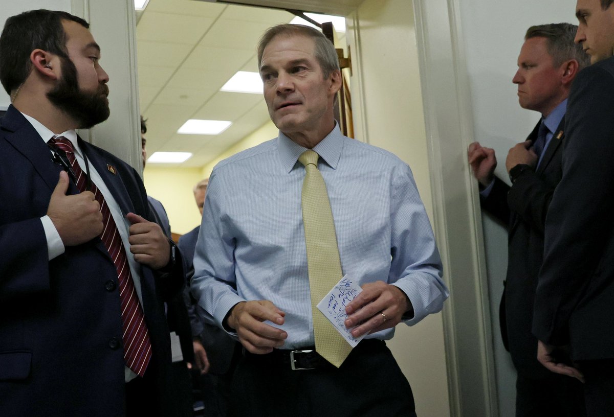 LeahMillis's tweet photo. U.S. Rep. Jim Jordan (R-OH) departs a House Republican Conference meeting about choosing a new Speaker of the House in Rayburn House office building on the Hill. In his hand he holds a piece of paper that reads “what is the real reason”, among other notes. REUTERS/Leah Millis https://t.co/RYAE5GYwHN