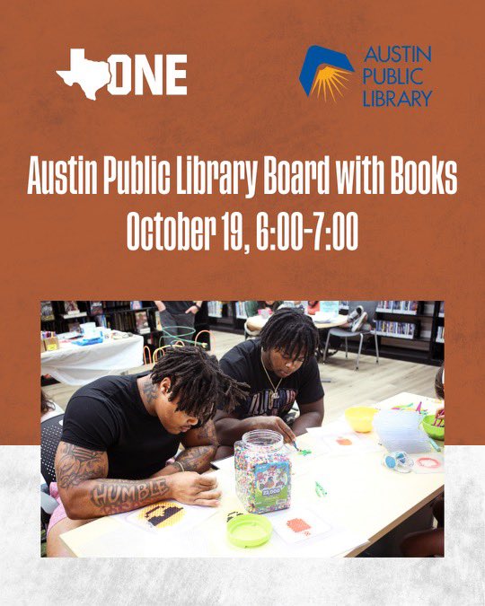 The city’s @AustinPublicLib offers multiple free programs and workshops to reflect Austin’s creative and diverse interests. Me and guys are heading to Board with Books on Thursday. For more info please visit bit.ly/TX1FAPL @TexasOneFund