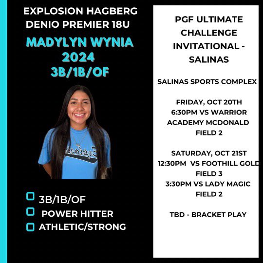 Come watch my team play this weekend up in Salinas ‼️ <a href="/BretDenio/">Bret Denio/PGF NATIONAL DIRECTOR/ExplosionSoftball</a> <a href="/CBerouty/">celeste de leon berouty</a> <a href="/EFP_Solutions/">Elevated Fastpitch Solutions</a> <a href="/Drew_Rich1221/">Andrew Rich</a> <a href="/coachkoons/">Jo Koons</a> @Coach2K_Miami <a href="/biankabell27/">Bianka Bell</a> <a href="/bergy_9/">Bergy</a> @sperldk9 <a href="/UHawaiiSoftball/">Bob Coolen</a> <a href="/CoachLettyO/">Letty Olivarez</a> <a href="/CoachJenSteele/">Jen Steele</a> <a href="/StacyMayJohnson/">Stacy May-Johnson</a>