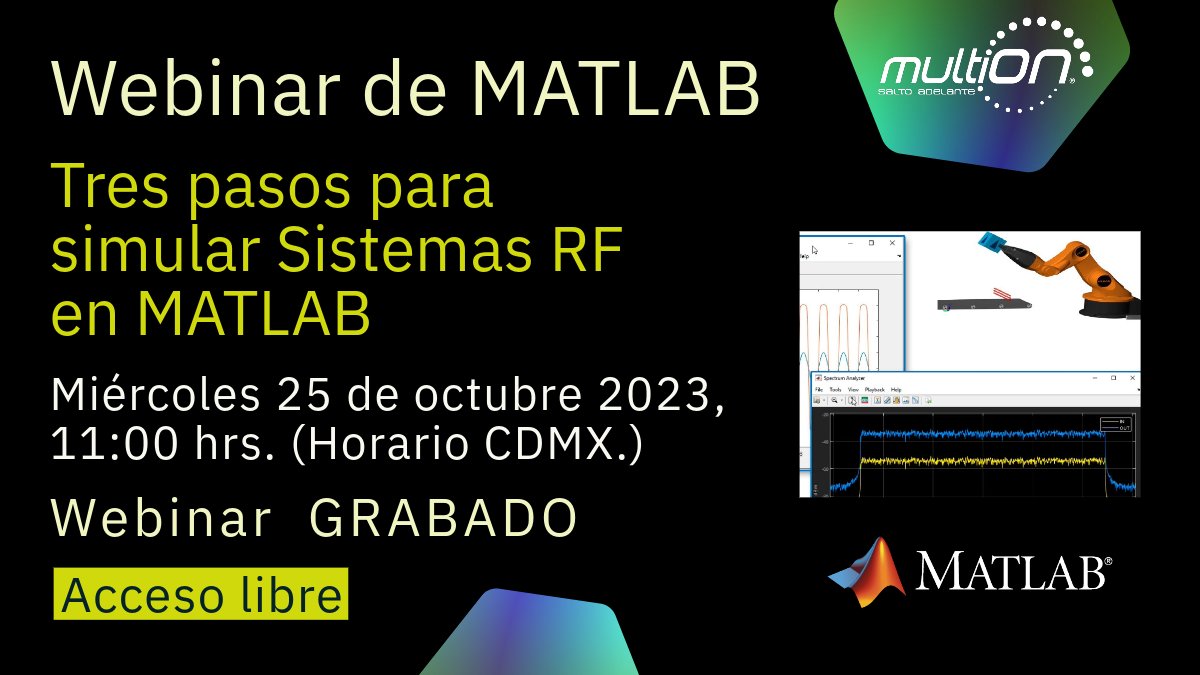 MATLAB_Mexico's tweet image. #Webinar gratuito #MATLAB 25 octubre 11:00 hrs. bit.ly/47fD467 Aprenda tres pasos para diseñar transceptores de #RF, integrarlos en su #código MATLAB existente y realice simulaciones a nivel de sistema. Obtén MATLAB aquí: bit.ly/3qhcwwu #AI #data #maths #MultiON