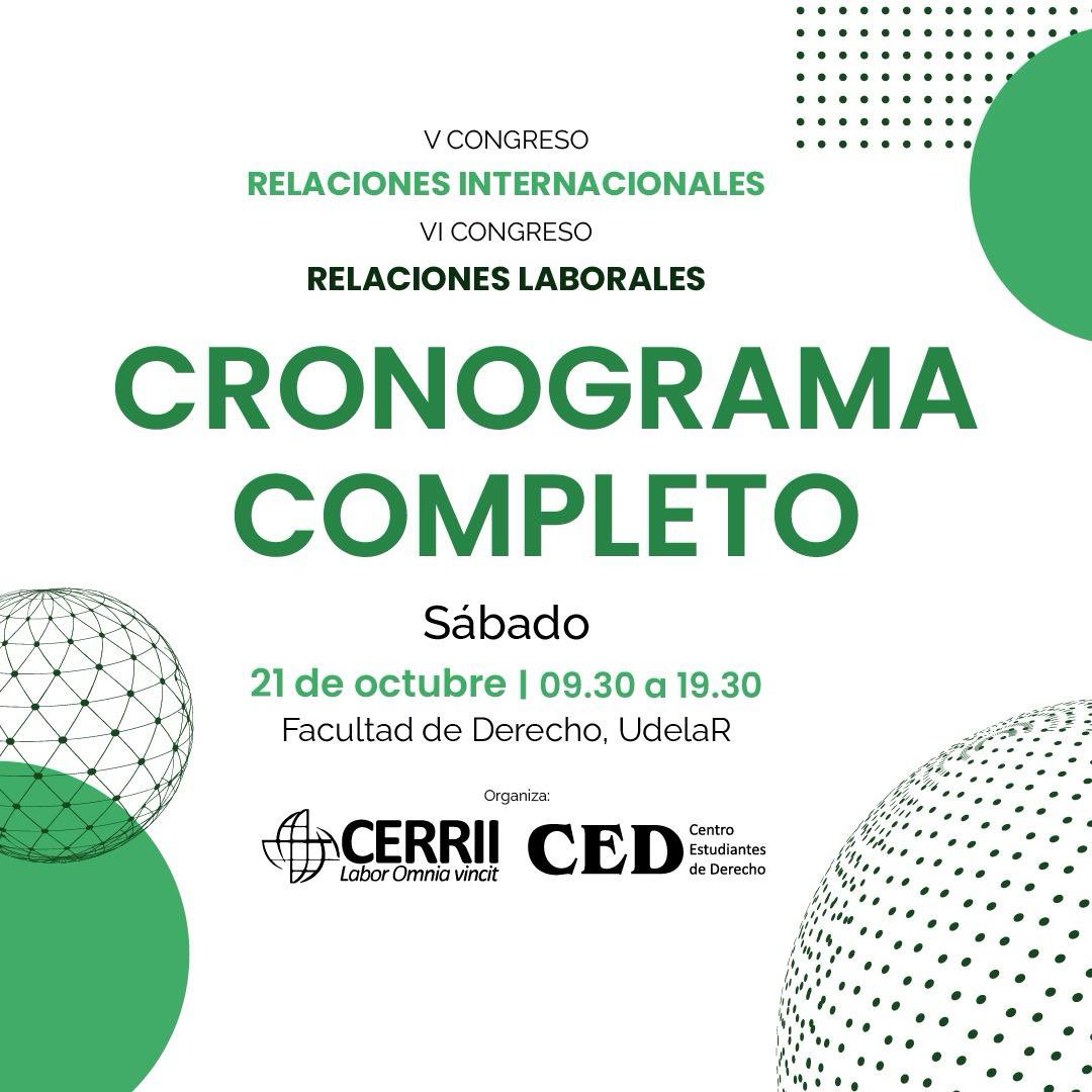 CERRII_21's tweet photo. V Congreso de Relaciones Internacionales 🌍 I VI Congreso de Relaciones Laborales 🫱🏼‍🫲🏽

Sábado 21 de octubre - Facultad de Derecho 

Compartimos el cronograma final del próximo congreso de las licenciaturas con los expositores de cada panel. https://t.co/391mhDesQU