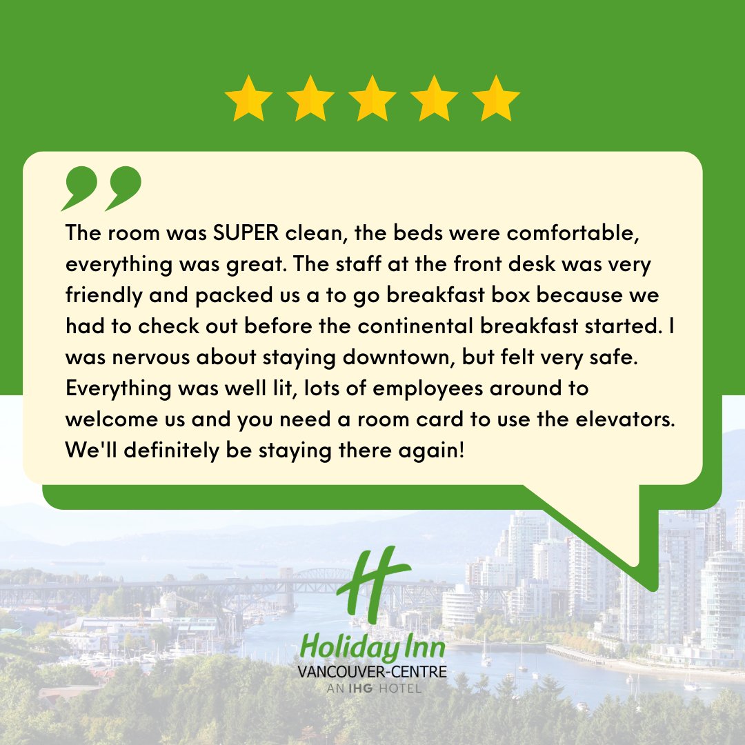 hivancouver's tweet photo. We're pleased to hear that we succeeded in making your stay more convenient. 
We look forward to providing you with another outstanding experience. We'll be here to make your next stay just as enjoyable!
# HolidayInnVancouverCentre #ExperienceIHG #hotelreview https://t.co/jJzwTh0e4m