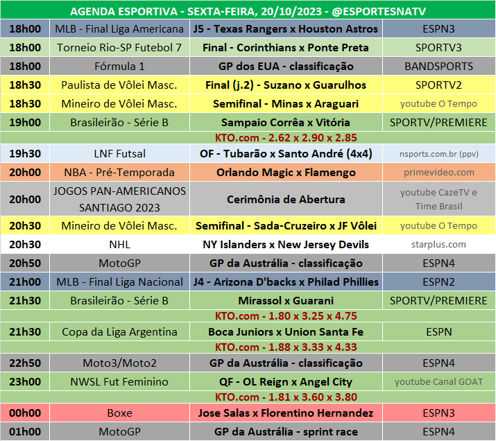 Esportes Na TV 📺 on X: A agenda esportiva deste SÁBADO (11/11/2023) Faça  sua aposta na @KTO_brasil utilizando o cupom ESPNATV no cadastro e garanta  20% de bônus no seu primeiro depósito!