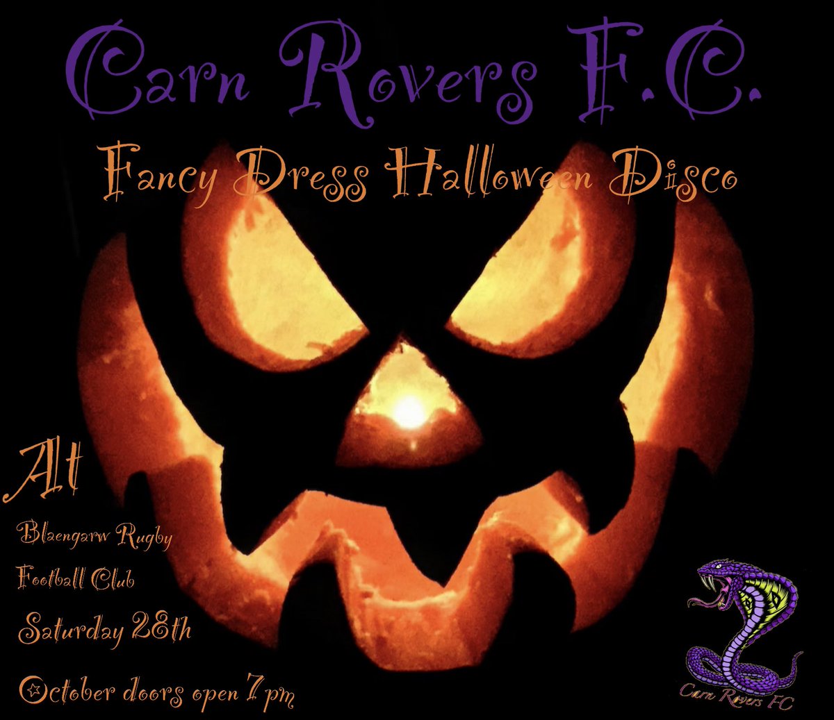 Come treat yourself to a trick or two..🎃👻
Fancy Dress Halloween Disco Blaengarw RUGBY CLUB £5 entry, from the sweet 16’s to the living Dead all welcome.. if you Dare☠️