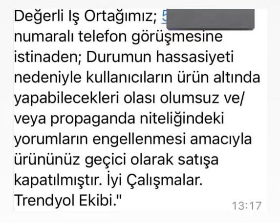 Trendyol "Durumun hassasiyeti sebebiyle olası olumsuz veya propaganda niteliğindeki yorumları engellemek" istediğini belirtmiş. 

İnsanların Filistin'de yapılan soykırıma karşı israilden yana olmadığını göstermek amacıyla çantasına takmak istediği bir rozete nasıl bir yorum