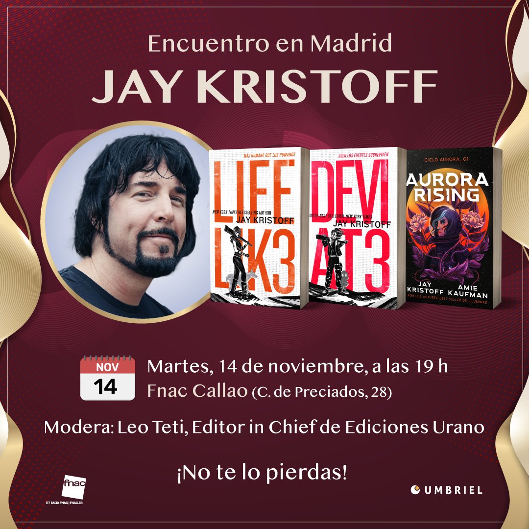 umbrieleditores's tweet photo. 🎉¡MADRID!🎉

¡Tenemos presentación y firma de @misterkristoff!

El autor de #LIFEL1K3 y coautor de #AuroraRising visitará Madrid para conocer a sus lectores y hablar de sus novelas.

📅Martes 14 de noviembre
🕖A las 19 h
📍En Fnac Callao (C. de Preciados, 28)

¡Os esperamos!🥳 https://t.co/OYYgrqzykr