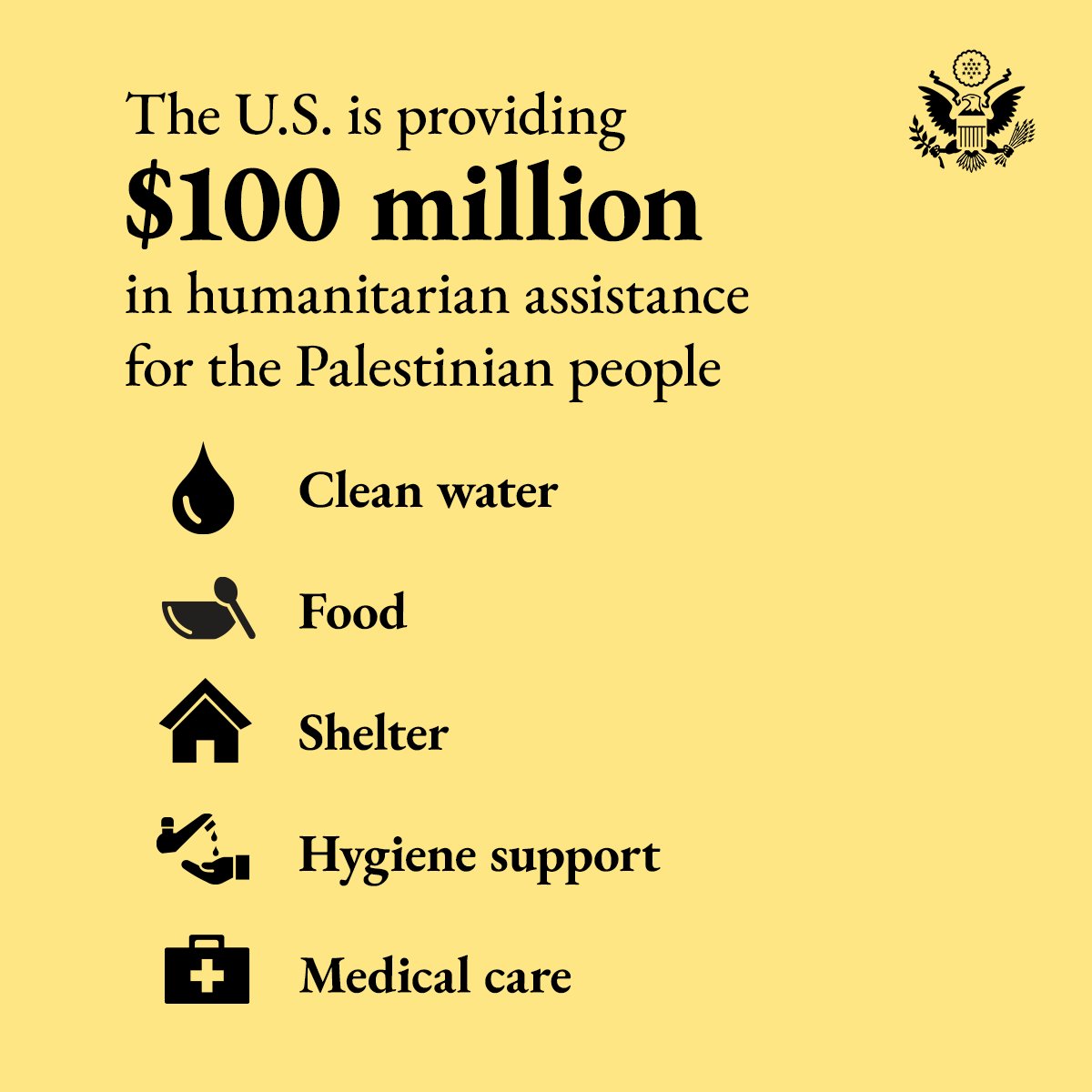 StateDept's tweet image. $100 million of new U.S. humanitarian assistance for the Palestinian people will support more than 1 million displaced and conflict-affected Palestinians, including emergency needs in Gaza.