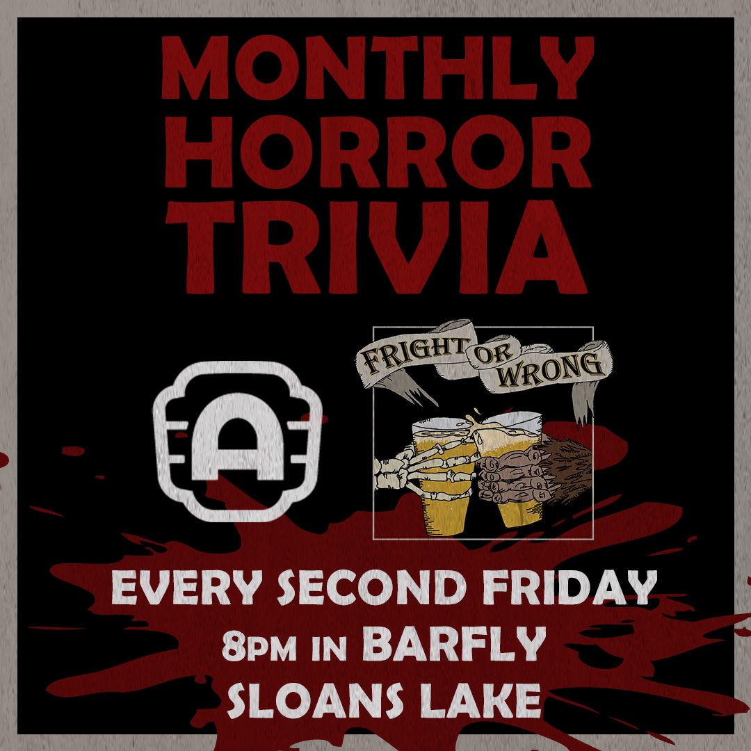 Fright or Wrong Horror Trivia (@frightorwrong) on Twitter photo Excited to announce that our new home for monthly horror trivia will be at the Sloans Lake <a href="/alamodenver/">Alamo Denver</a> every second Friday.
First up is a Slasher night on November 10th! Excited to announce that our new home for monthly horror trivia will be at the Sloans Lake <a href="/alamodenver/">Alamo Denver</a> every second Friday.
First up is a Slasher night on November 10th!