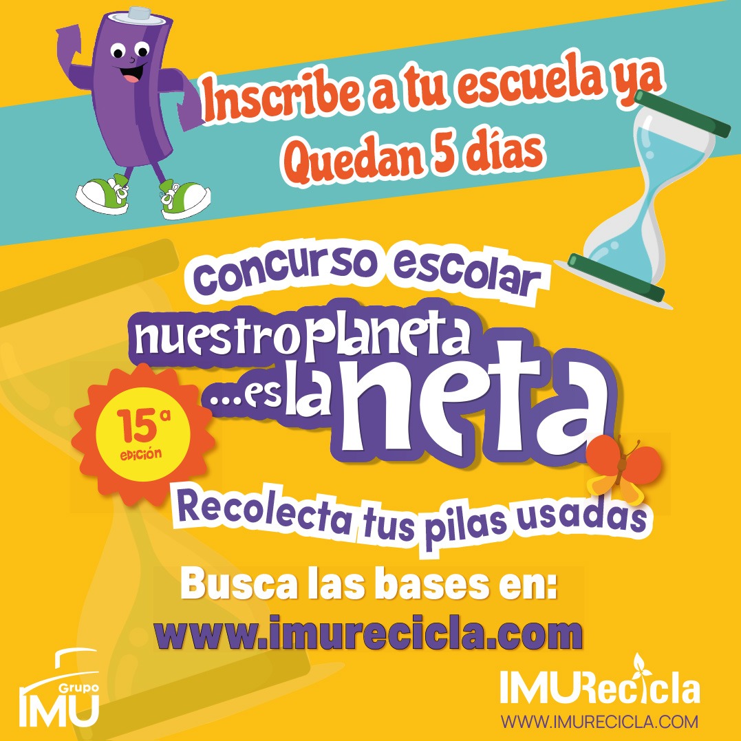 "¡Solo 5 días para unirnos y marcar la diferencia! ⏳ ¿Listos para ser parte del cambio en nuestro planeta? 🌎💚 Únete al Concurso Escolar Nuestro Planeta es la Neta y construyamos juntos un futuro más sostenible. 🔋🌱 Busca las bases en imurecicla.com
#IMURecicla