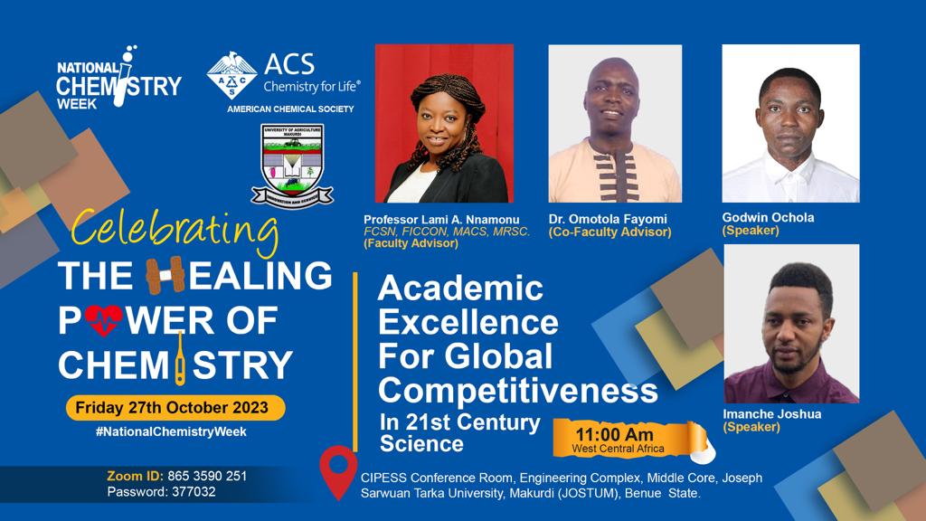 Join @acsfuamnigeria as we discuss Academic Excellence for #Global Competitiveness in 21st Century Science on Friday: 27/10/2023 by 11am via zoom: tennessee.zoom.us/j/86535902510 #NationalChemistryWeek