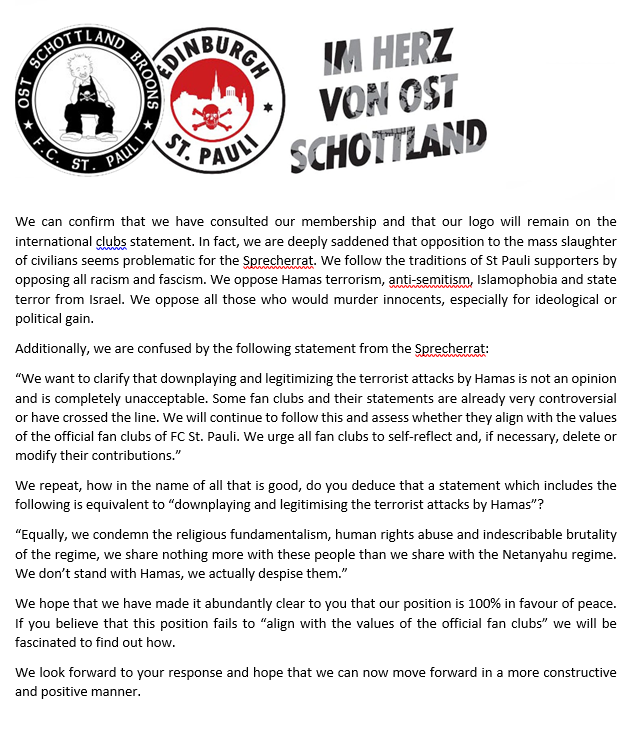 The OSB have replied to the Sprecherrat's email to the clubs who signed the statement dissenting from St Pauli's position on the indescribable tragedy ongoing in Palestine and Israel.