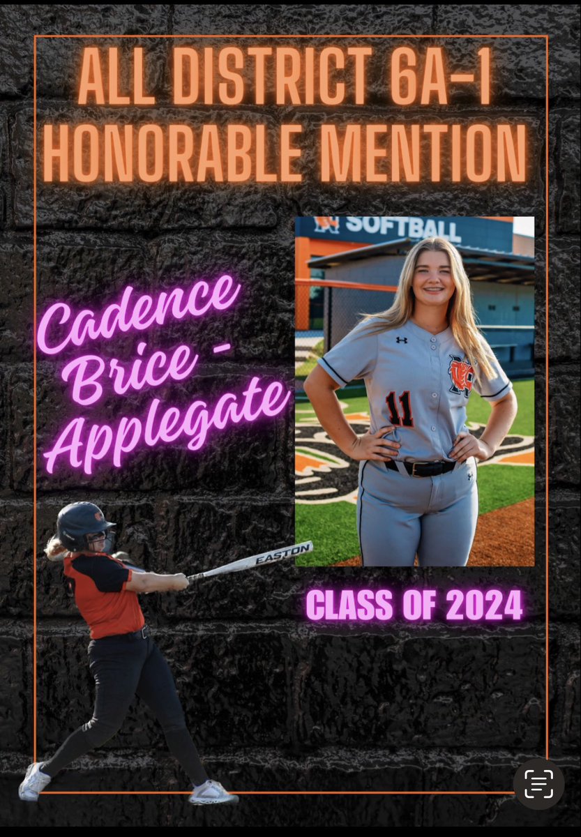 NormanSoftball's tweet photo. 🧡🖤CONGRATULATIONS to Cadence Brice - Applegate for receiving Honorable Mention in All District 6A-1 and COAC!🖤🧡 https://t.co/ho7VOGRhcf