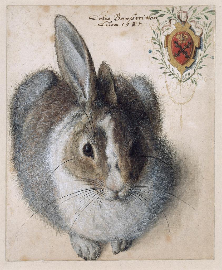 Important bunny, 1587. Has coat of arms! By Hans Hoffmann of Nuremberg, whose day is today.